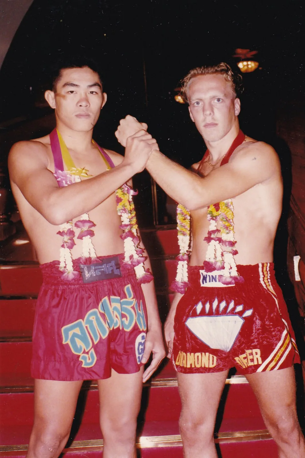 Saengtiennoi, the Deadly Kisser, posing with Ramon "Diamond" Dekkers, before their epical conflict in Bangkok, 1991