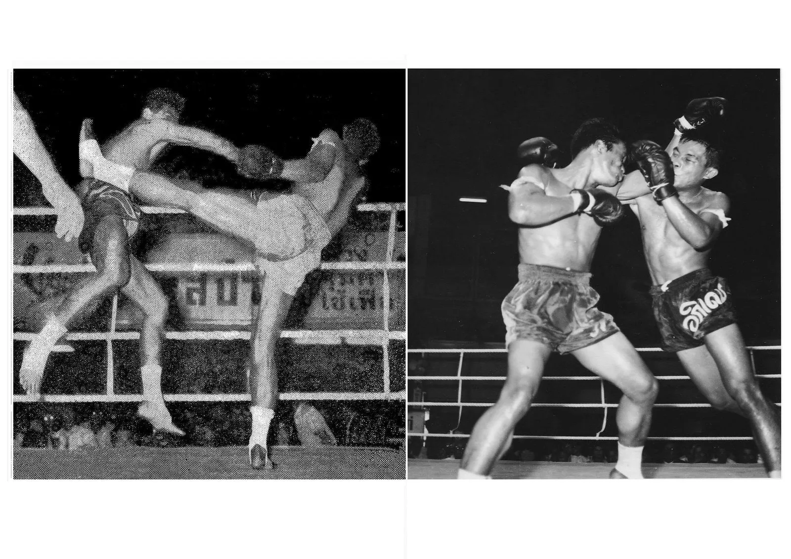 Apidej vs. Ravee, the Airforce Rocket. Left, Ravee stopped in mid-air in a lunging attack. He was KO'ed in One. Right, Ravee exchanging blows with the Great Kicker, who won on a KO in Four, 1967.